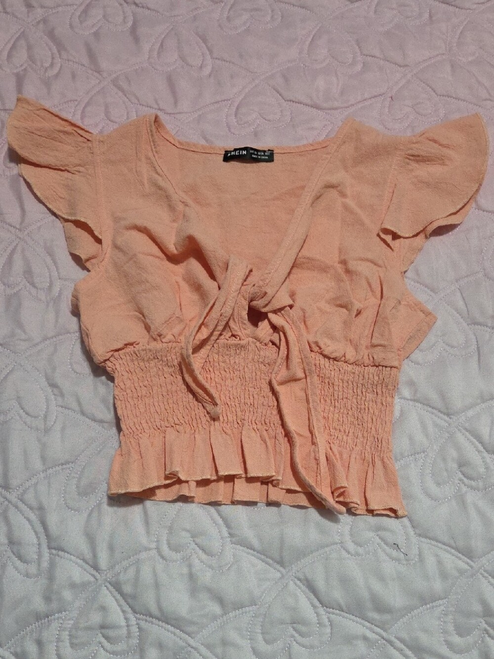 SHEIN Peach Ruffle-Smocked Tie-Front Crop Top